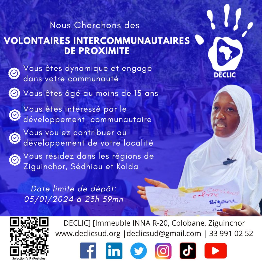 Devenez Volontaire Intercommunautaire de Proximité (VIP) DECLIC en cliquant sur ce lien: ee.kobotoolbox.org/x/DrWEPmFx
Ou Scanner le code QR.