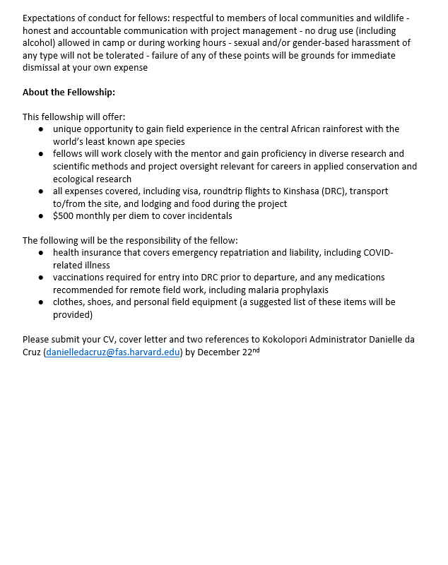 We are looking for an applied conservation fellow for February 2024-2025! The fellow will learn skills to manage conservation & research projects within a community reserve, gaining hands-on experience in applied conservation in remote Congo. Information to apply below: 👇