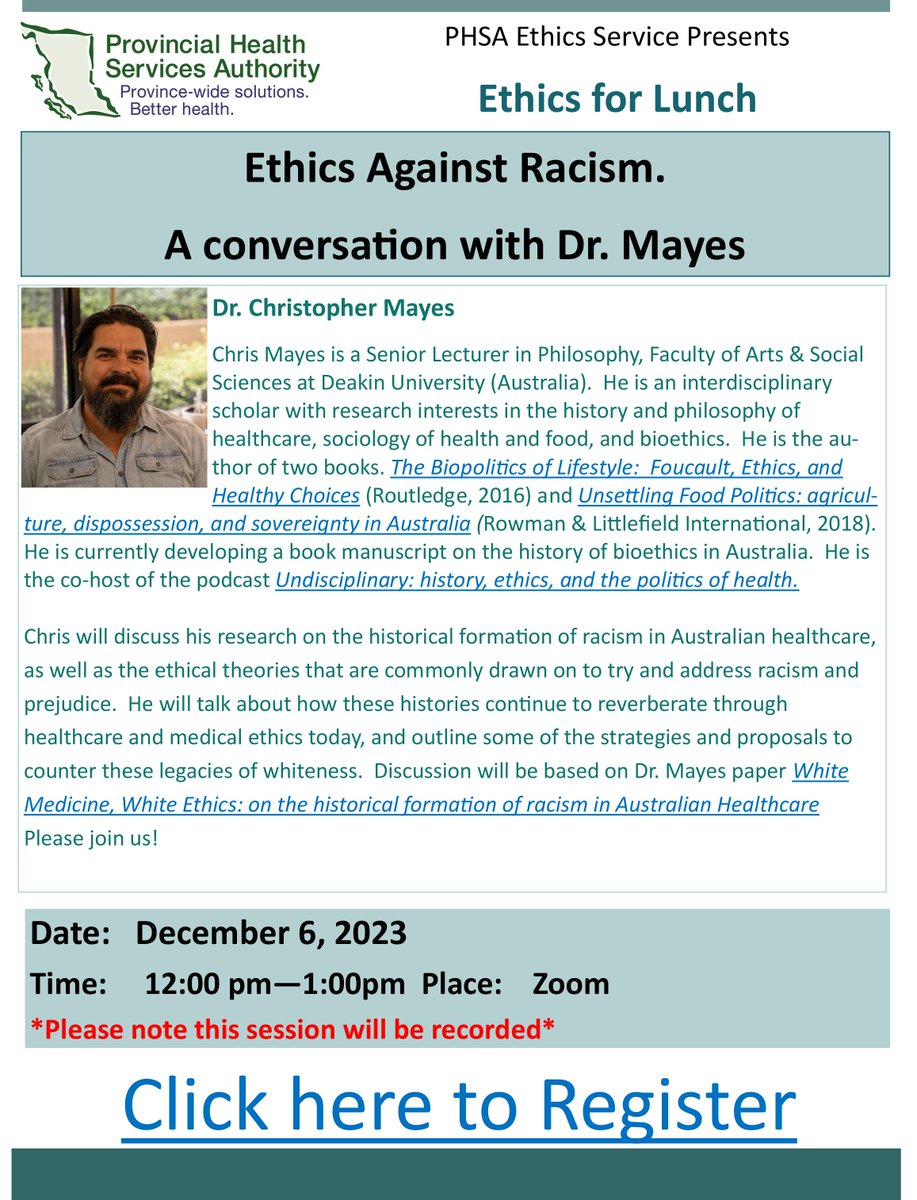 BC NEIHR (@bcneihr) on Twitter photo <a href="/PHSAofBC/">Provincial Health Services Authority</a> Ethics Against Racism - A conversation with Dr. Mayes.
Wednesday, December 6, 12-1 pm PST
Register:
phsa.zoom.us/webinar/regist… <a href="/PHSAofBC/">Provincial Health Services Authority</a> Ethics Against Racism - A conversation with Dr. Mayes.
Wednesday, December 6, 12-1 pm PST
Register:
phsa.zoom.us/webinar/regist…