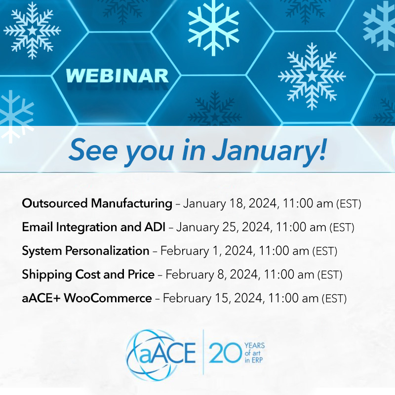 aACEsoft's tweet image. Our #aACESoftware webinars will be taking a break for the holidays! Thank you for your support and attendance on our last round of webinars.

Can’t wait for our next webinar? Register now for our next one in January 2024: aacesoft.com/support/webina…

Happy holidays from aACE!

#ERP