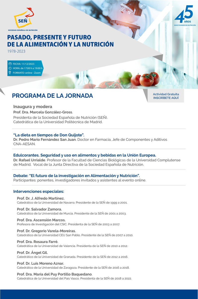 Luis Fontana (@fontanagallego) on Twitter photo El próximo lunes día 11, de 17:00 a 19:00 h, la <a href="/sennutricion/">Sociedad Española de Nutrición - SEÑ</a> celebra su 45 aniversario con una jornada online sobre «Pasado, presente y futuro de la alimentación y la nutrición». La inscripción es gratuita en forms.gle/cUQRrtdcJdukaU… El próximo lunes día 11, de 17:00 a 19:00 h, la <a href="/sennutricion/">Sociedad Española de Nutrición - SEÑ</a> celebra su 45 aniversario con una jornada online sobre «Pasado, presente y futuro de la alimentación y la nutrición». La inscripción es gratuita en forms.gle/cUQRrtdcJdukaU…