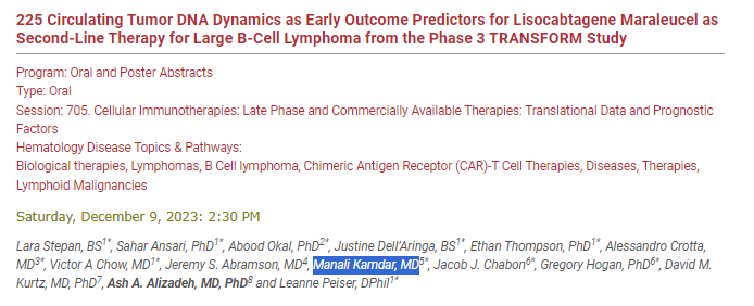 @mana1981 @lymphomatic @michaelwangmd Dr. @mana1981 is also featured in several oral presentations on #celltherapy in #lymsm, including liso-cel in follicular lymphoma as well as MCL, and the prognostic implications of ctDNA from the TRANSFORM trial. #tcellrx #ASH23