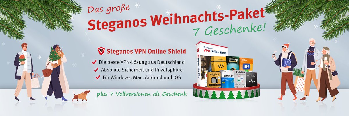 Ab heute erhältlich das große Steganos Weihnachts-Paket 

Available from today on the great Steganos Christmas package 

steganos.com