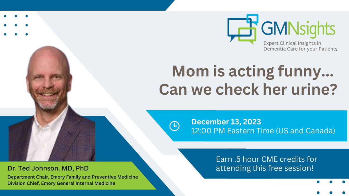 Join us on December 13th at 12:00 PM for our monthly webinar series - GMNsights: Mom is acting funny...Can we check her urine? We encourage all primary care teams to join this session! #GeorgiaMemoryNet #ContinuingEducation zoom.us/meeting/regist…