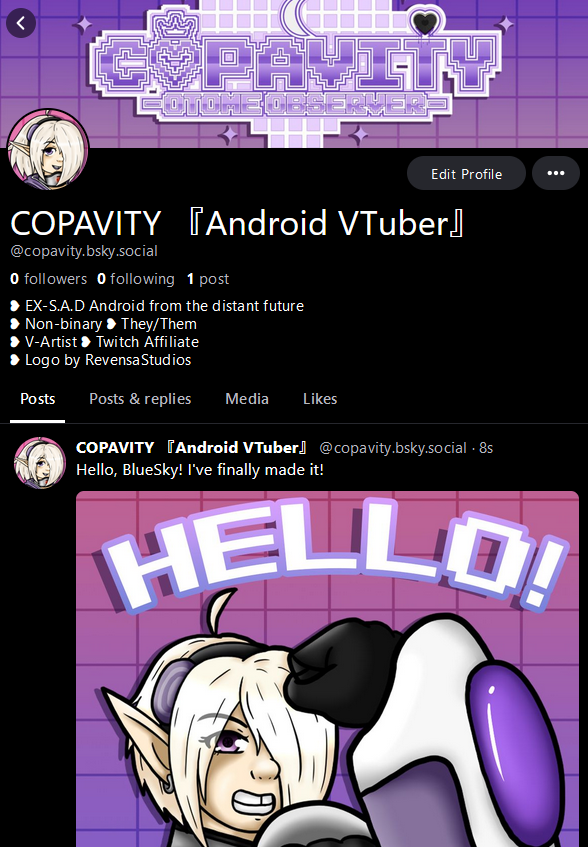 Its_CopavityVT's tweet photo. I've finally got a 🟦☁️ account set up! I have no plans to leave X (I've literally just come back lol) but it's nice to have a back up if anything happens going forward! 💜 https://t.co/DYtcF72Hbl