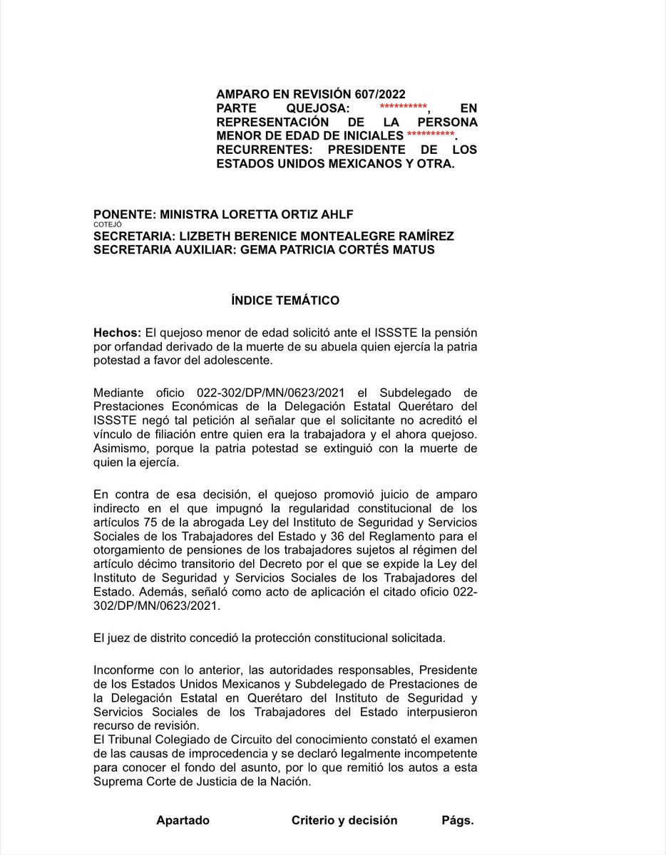 MoraErica's tweet photo. ‼️Un niño huérfano le ganó un juicio al Presidente de la República. La Suprema Corte mexicana lo amparó para que pueda recibir una pensión por orfandad de su abuela, quien tenia la patria potestad, luego de que su mamá falleció cuando él tenía 4 años y su padre se negó a reconocerlo. Amparo en Revisión 607/2022 
La #SCJN reconoció el vínculo filial desde una concepción amplia de familia.
Las grandes batallas que da la Corte y el #PJF le cambian la vida a las personas. #PeridismoJurídico 
Liga del engrose de la sentencia: https://t.co/LUWeFxXm8W