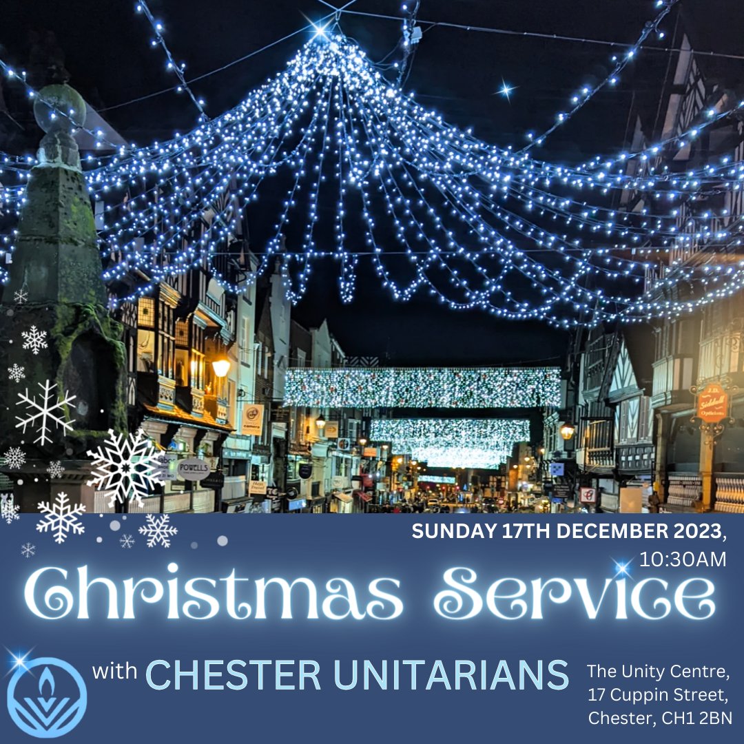 Celebrate Christmas with Chester Unitarians. 🕯️ We are a small, welcoming and open-minded community based in the heart of Chester. 🎄 Pop along for carols, poetry, readings and festive refreshments! 🥟☕️ #chesterunitarians #Unitarian #SundayService #community #christmas2023