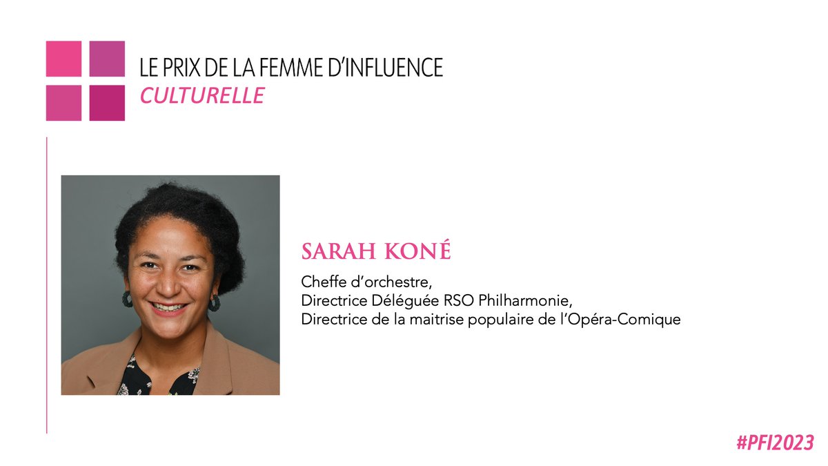 <a href="/soumiabm/">Soumia Malinbaum</a> <a href="/CCI_75/">CCI Paris</a> <a href="/maudjoseph/">Maud Joseph</a> <a href="/TinaKieffer/">Tina Kieffer</a> <a href="/edouard_carle/">Edouard Carle</a> <a href="/AgatheMonpays/">Agathe Monpays</a> <a href="/SarahLamaison/">Sarah Lamaison</a> <a href="/josephinegoube/">Joséphine Goube</a> <a href="/mariealefur/">Le Fur Marie Amelie</a> <a href="/antoinedelabre/">Antoine Delabre</a> <a href="/cvigneaux/">Caroline Vigneaux</a> <a href="/BarukhSarah/">sarah barukh</a> <a href="/konesara/">Sarah Koné</a> [#PFI2023]
👏La lauréate du Prix de la Femme d’Influence #Culturelle 2023 est Sarah Koné !