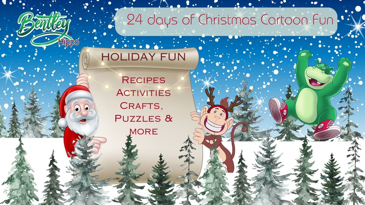 Our 24 Days of Christmas Cartoon Fun continues. Activities for kids and the entire family.  Crafts, puzzles, coloring, recipes, and more.  Share with family and friends. instagram.com/bentleyhippo1 #Christmas2023 #AdventCalendar #booksforkids #holidayfun