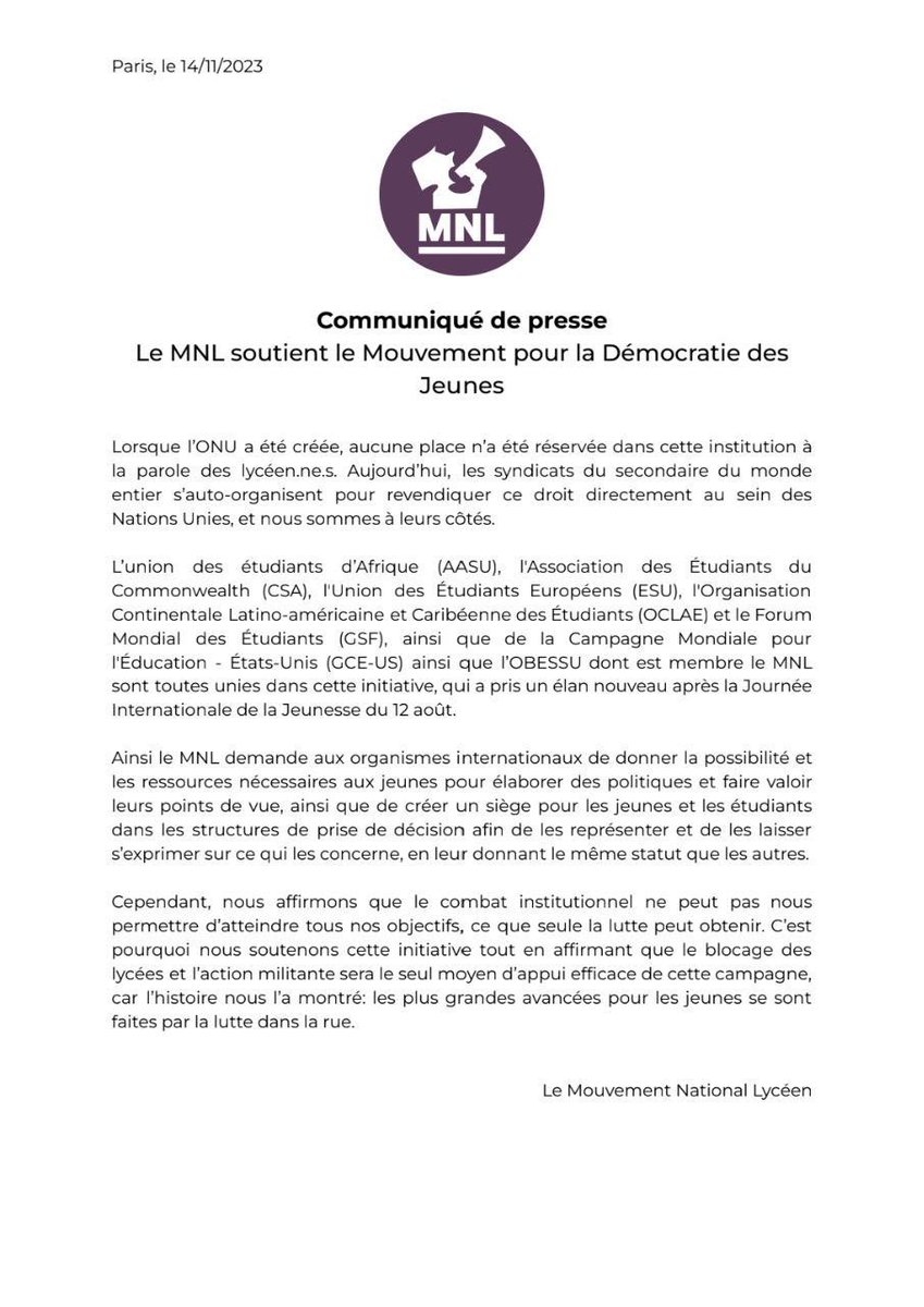Le MNL soutient le mouvement pour la démocratie des jeunes.