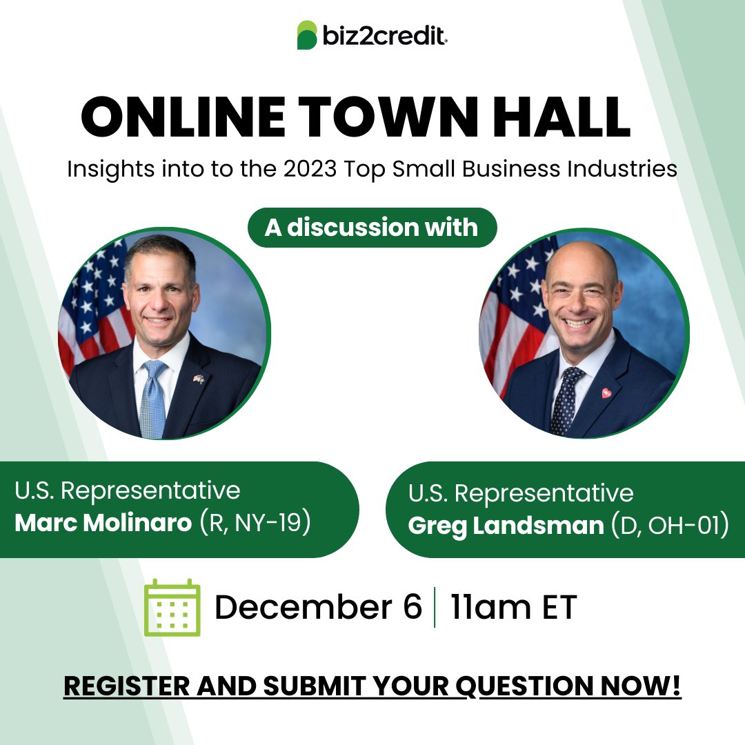 Don't forget to join us tomorrow for an insightful live town hall with Rep. Marc Molinaro (R, NY-19) and Rep. Greg Landsman (D, OH-01) as we delve into the Top Small Business Industries Report 2023. Register now: ow.ly/rtLT50Qfb2l #onlinetownhall #webinar #smallbusiness