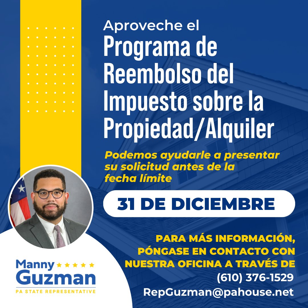 RepMannyGuzman's tweet photo. #readytohelp Call my office today! I can help you apply to the Property Tax/Rent Rebate Program before the deadline, December 31! #stateprograms #Rebates https://t.co/TF8HoGO3JN