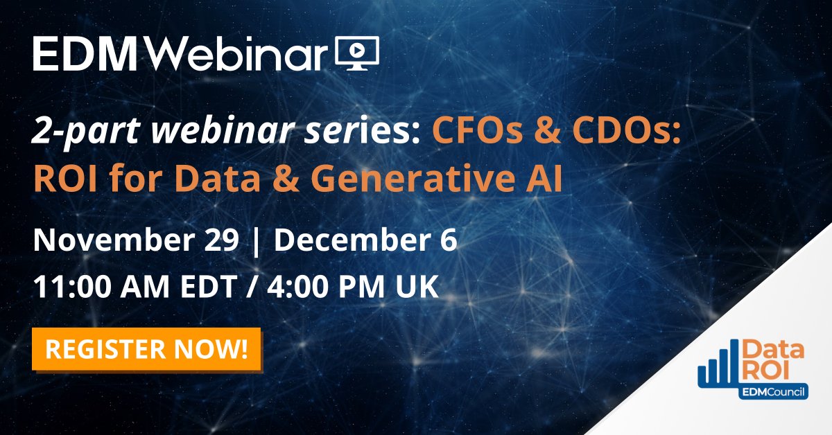edmcouncil's tweet image. Unlock the hidden value of data with the EDM Council! Join us for the second installment of our 2-part EDMWebinar series as we highlight "CFOs &amp;amp; CDOs: ROI for Data &amp;amp; Generative AI." Discover the synergy between #CDOs and #CFOs and more! Register now: us06web.zoom.us/webinar/regist…