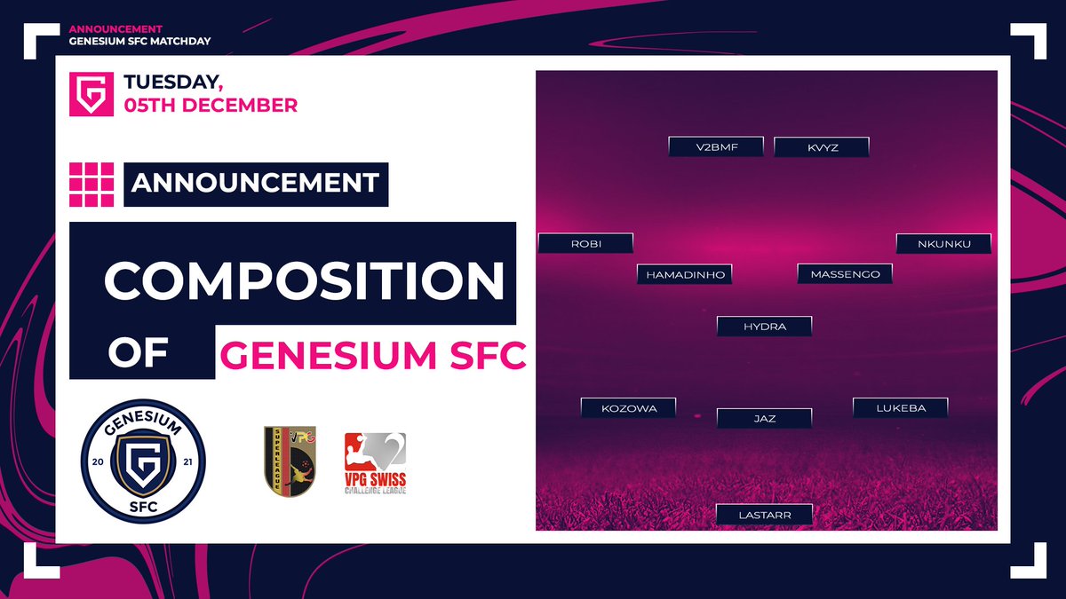 𝐌𝐀𝐓𝐂𝐇𝐃𝐀𝐘 ⚽️

🗓️ 05.12

🏆 <a href="/SwissVPG/">VPG Switzerland 🇨🇭</a>  • Promotion L. 🇨🇭
🆚 <a href="/XSRDesport/">XSRD ESPORT</a> 

🏆 <a href="/belgique_vpg/">VPG BELGIQUE 🇧🇪</a> • Jupiler L. 🇧🇪
🆚 @fc_gelato 
🆚 <a href="/TigerhawkEsport/">TIGERHAWK Esport</a> 
🆚 @GrintaO 

📋 3-1-4-2

🎙️ 21H40 • youtube.com/@GENESIUMSFC

<a href="/TeamGenesium/">Genesium 🌴</a> #WhereItBegins 👾