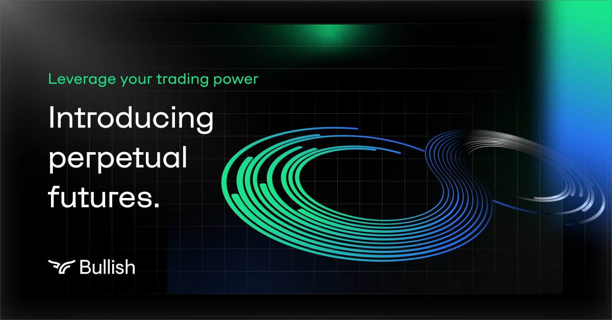 Bullish's tweet photo. Introducing perpetual futures. Now available on #Bullish. 

Starting today, eligible customers can trade $BTC and $ETH perpetual futures with up to 7X leverage, 1 bp to take, 0 bp to make, and minimal slippage.

High risk product. Important info here: https://t.co/c6D0A6366y