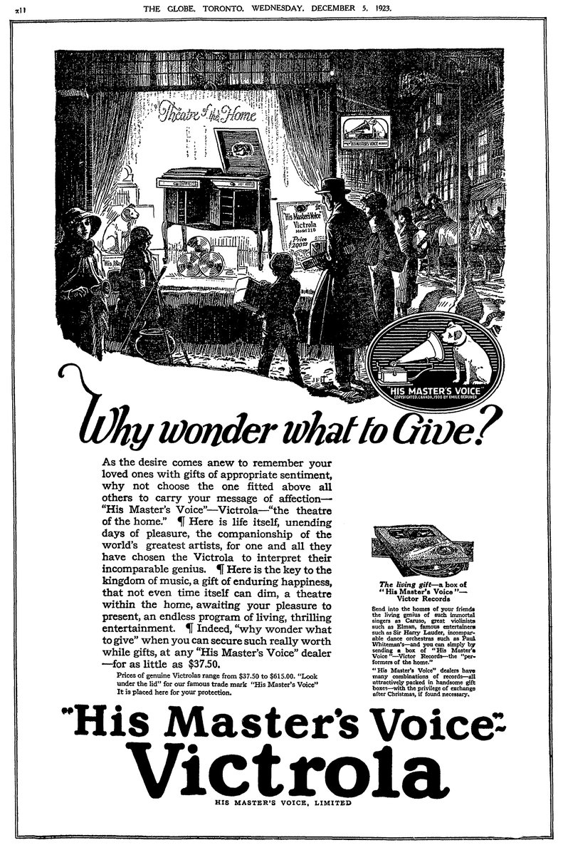 Ad for 'His Master's Voice' Victrolas, featuring a model 215 Victrola, published in a Toronto newspaper #OnThisDay 100 years ago (Dec. 5, 1923)

Image digitally enhanced by me

#OTD #1920s #ad #victrola #hismastersvoice #gramophone #gift #history #toronto #canada #hopkindesign