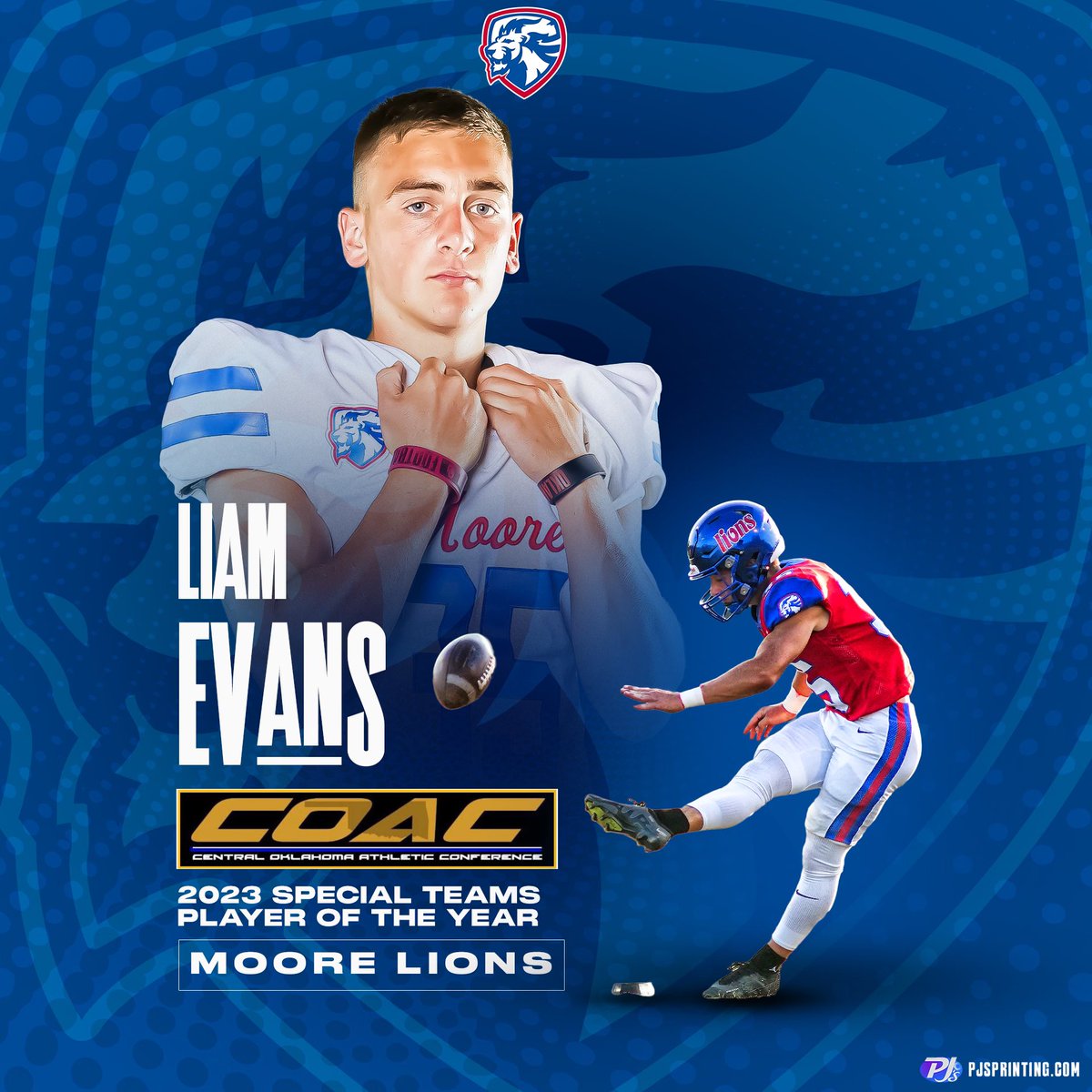 LiamDEvans05's tweet photo. Grateful to be able to represent my school and be named COAC special teams player of the year. Thanks to @pjs_printing for the graphic! 
@moorelion_fb @CoachGBryant @nunez_jay https://t.co/bUPU3SQF6y