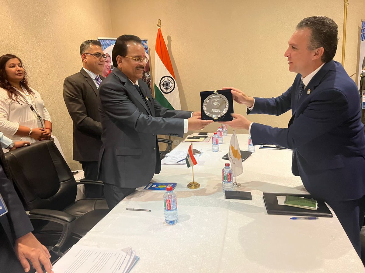 AjaybhattBJP4UK's tweet photo. Had an insightful bilateral meeting with H.E. Mr. Michalis Giorgallas, Minister of Defence, Republic of Cyprus, at the UN Peacekeeping Ministerial Meeting in Ghana. Discussed shared security concerns and potential avenues for collaborative efforts. 🇮🇳🤝🇨🇾 #Diplomacy #UNPeace https://t.co/dBh7FSvPzM