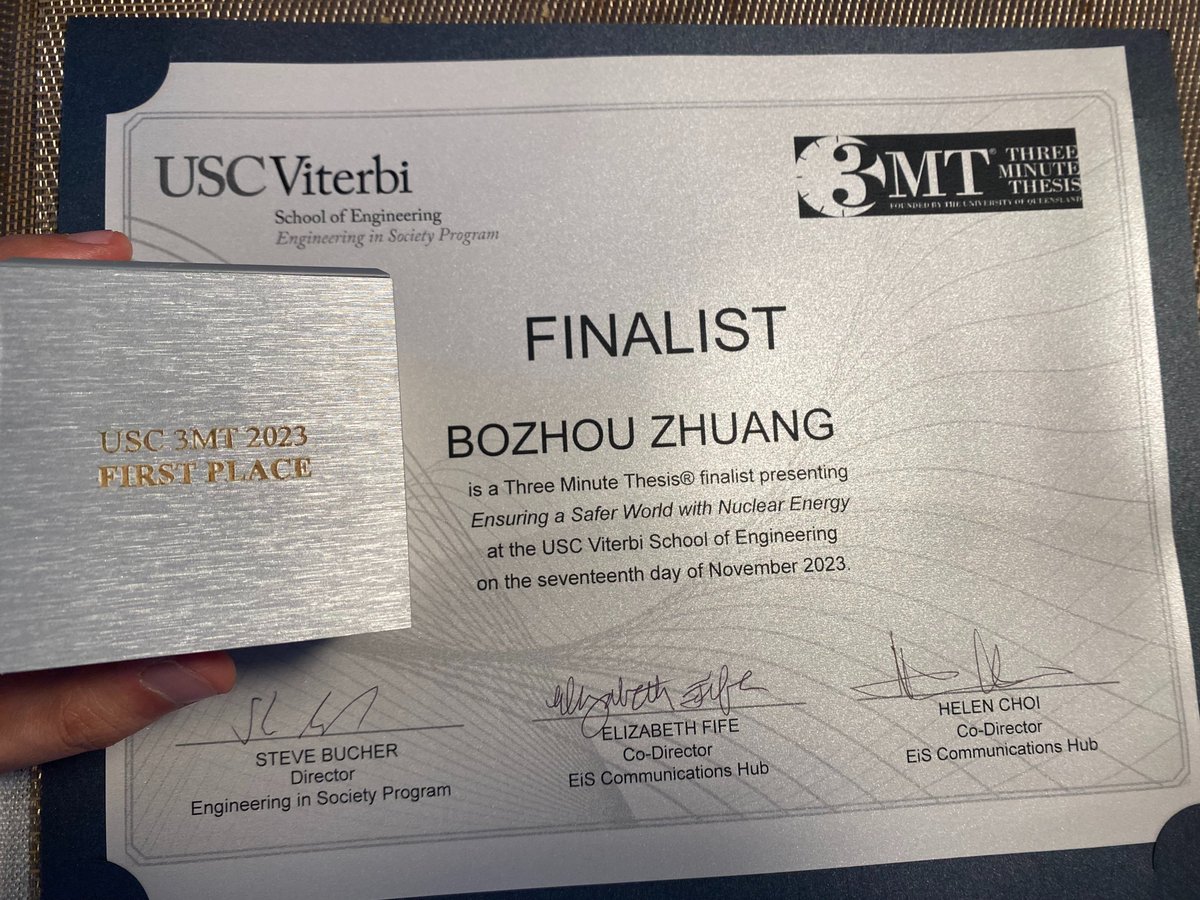 USC_CEE's tweet photo. Congratulations to #USC_CEE #PhD candidate Bozhou Zhuang for his award-winning presentation during #USCViterbi's 3MT Competition. He won "First Place" amongst 16 competitors, who are all PhD students across Viterbi. Learn more: https://t.co/Jn8zpG78bl https://t.co/rWqZF4RDGI