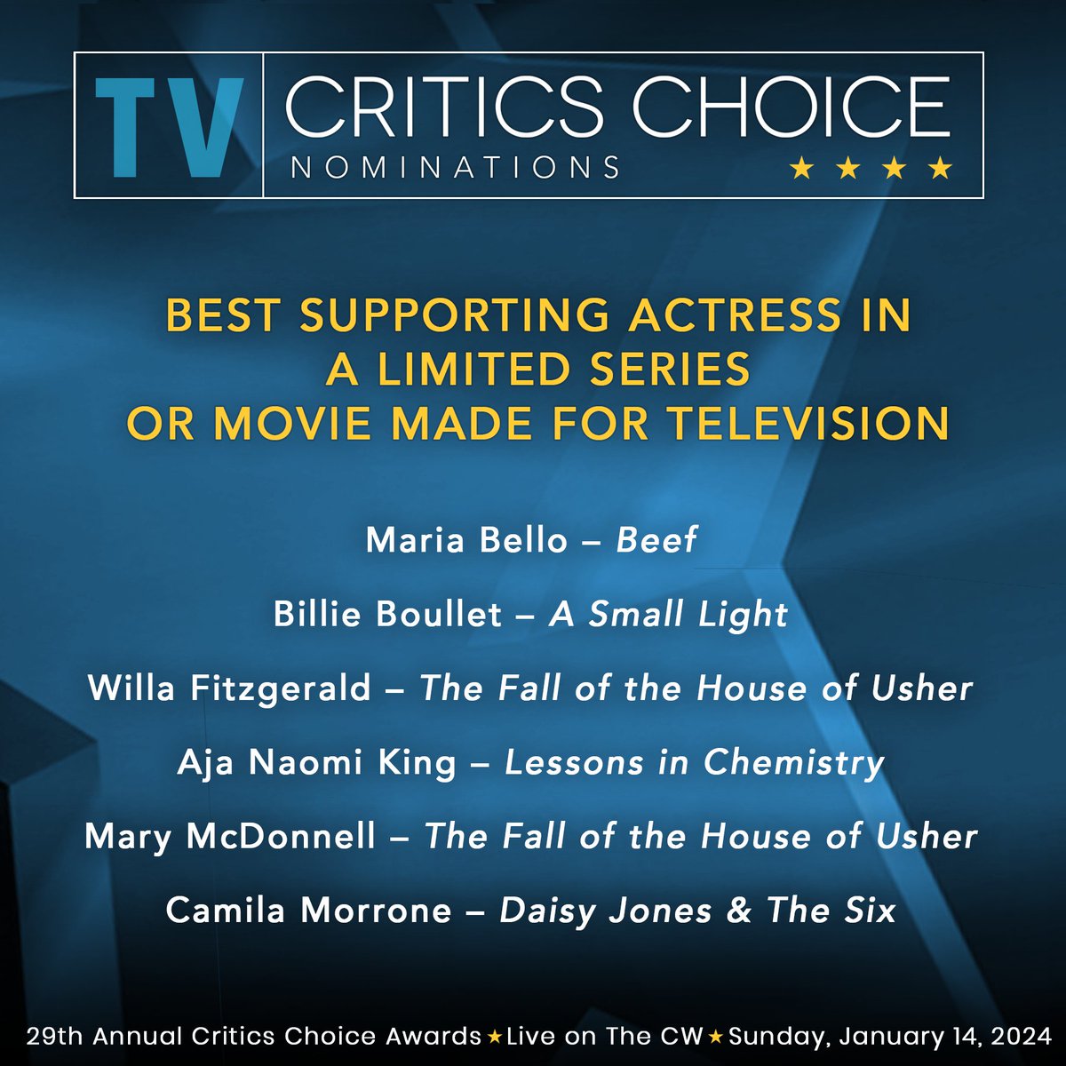 Congratulations @MaryMcDonnell10 for your @CriticsChoice award nomination in your excellent performance of #Madeline in @intrepid #TheFallOfTheHouseOfUsher - Series created by @flanaganfilm. @willafitz also nominated for the show in the same category (as the same character)
