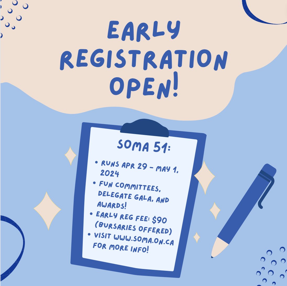 ‼️ATTENTION‼️
SOMA early registration is OFFICIALLY OPEN! ✨We can’t wait to see you all this spring 🎉

Check out soma.on.ca for more!