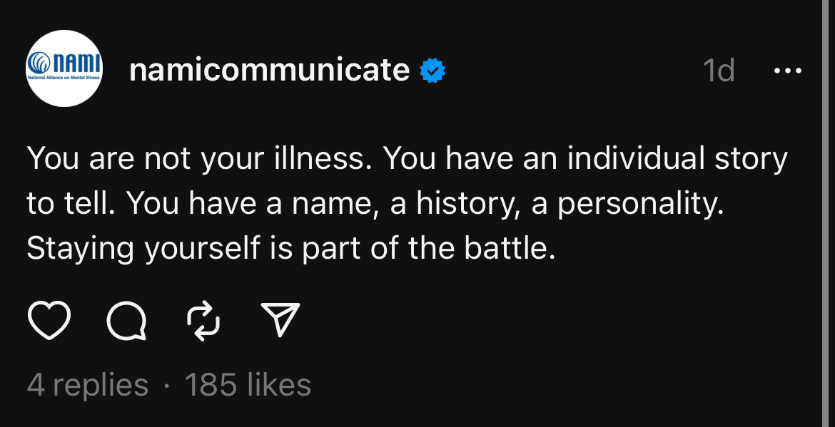 braicomia's tweet photo. Intersectionality is an important part of the disability experience. We must recognize that each individual with a disability has their own experiences if we want to continue to work towards disability justice #RPSE210

Screenshot of a post from @NAMICommunicate 's Threads https://t.co/GSmVYL1Pvq
