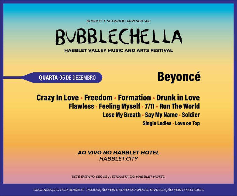 fsbubblet's tweet image. Prepare-se para uma experiência única e fascinante que transcenderá os limites da música! Seawood e Bubblet, os mestres do entretenimento, estão prestes a levar você a uma jornada inesquecível no universo mágico de Beyoncé no #Bubbletchella. 👑🎵🎶