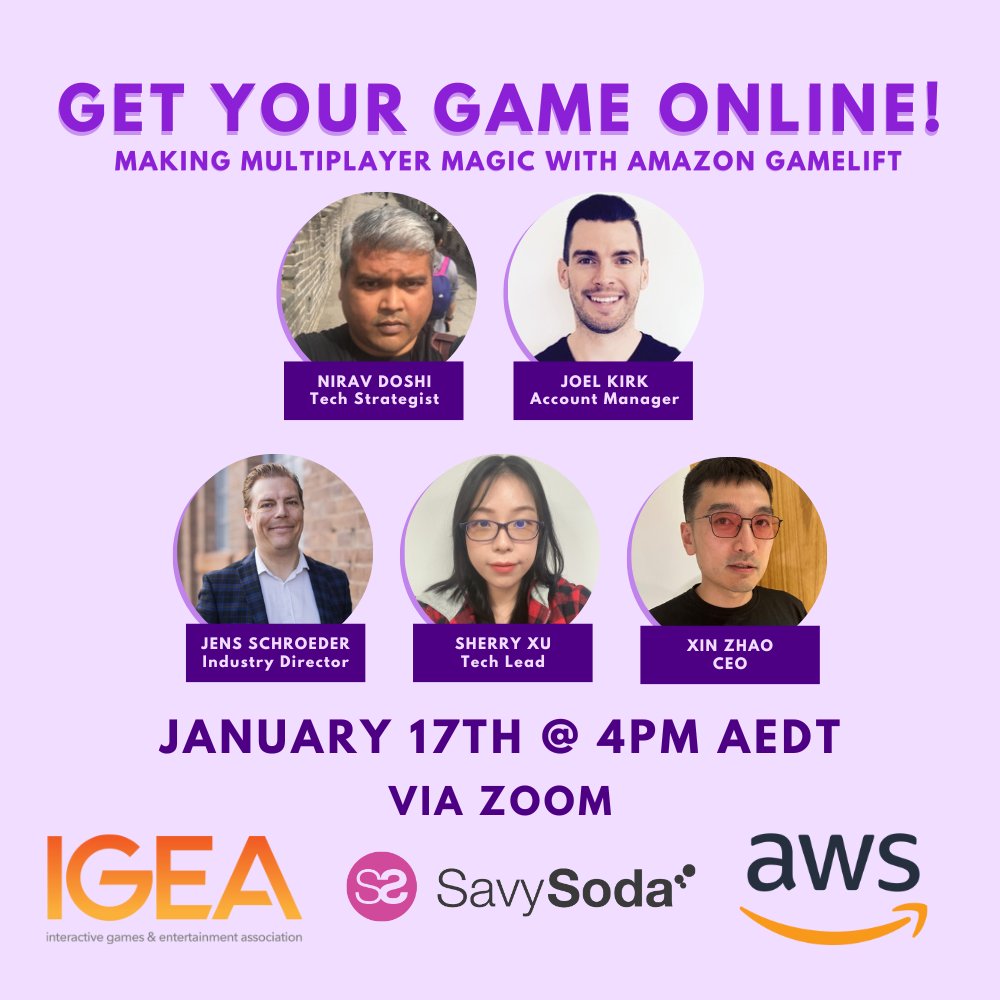👀 Looking to get your Game Online? 👀
Then you won’t want to miss our FREE Webinar with the Multiplayer Magicians &amp; Server-side Specialists from <a href="/savysoda/">SavySoda</a> &amp; <a href="/AWSGameTech/">AWS Game Tech</a>!

Join us via Zoom on WED JAN 17 @ 4PM AEDT

👇 Register now! 👇
 GetYourGameOnline.eventbrite.com.au