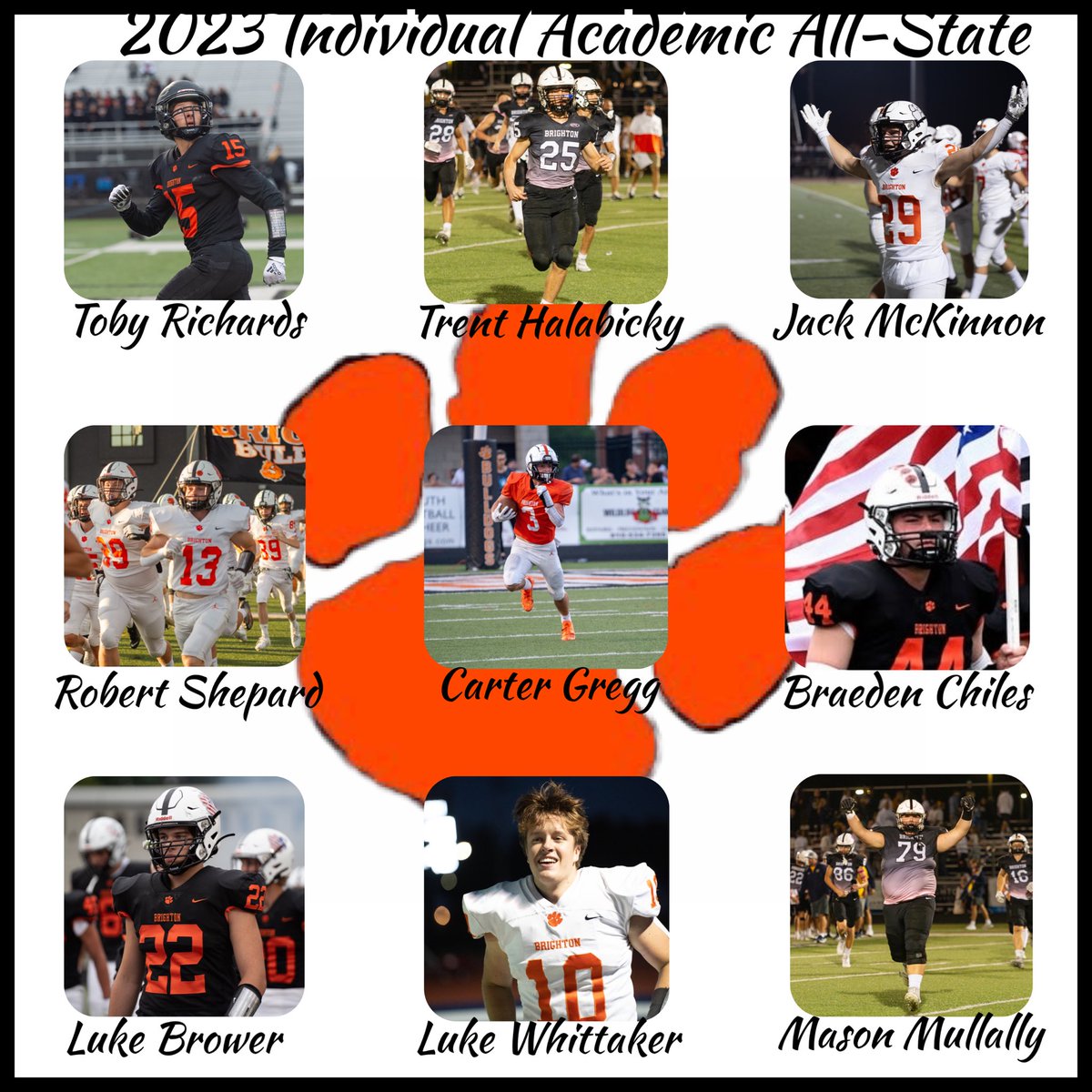 Brighton Football (@godogs_football) on Twitter photo Congrats to our nine Academic All-State Honorees! Well done!
<a href="/jackmck1121/">jack mckinnon</a> JackMcKinnon
<a href="/luke_whitt10/">Luke Whittaker</a> Luke Whittaker
@Luke_Brower5050 Luke Brower
<a href="/BraedenChiles/">Braeden Chiles</a> Braeden Chiles
<a href="/MullallyMason/">Mason Mullally</a> Mason Mullally
<a href="/CarterGregg8/">Carter Gregg</a> Carter Gregg
Toby Richards
Trent Halabicky
Robert Shepard Congrats to our nine Academic All-State Honorees! Well done!
<a href="/jackmck1121/">jack mckinnon</a> JackMcKinnon
<a href="/luke_whitt10/">Luke Whittaker</a> Luke Whittaker
@Luke_Brower5050 Luke Brower
<a href="/BraedenChiles/">Braeden Chiles</a> Braeden Chiles
<a href="/MullallyMason/">Mason Mullally</a> Mason Mullally
<a href="/CarterGregg8/">Carter Gregg</a> Carter Gregg
Toby Richards
Trent Halabicky
Robert Shepard