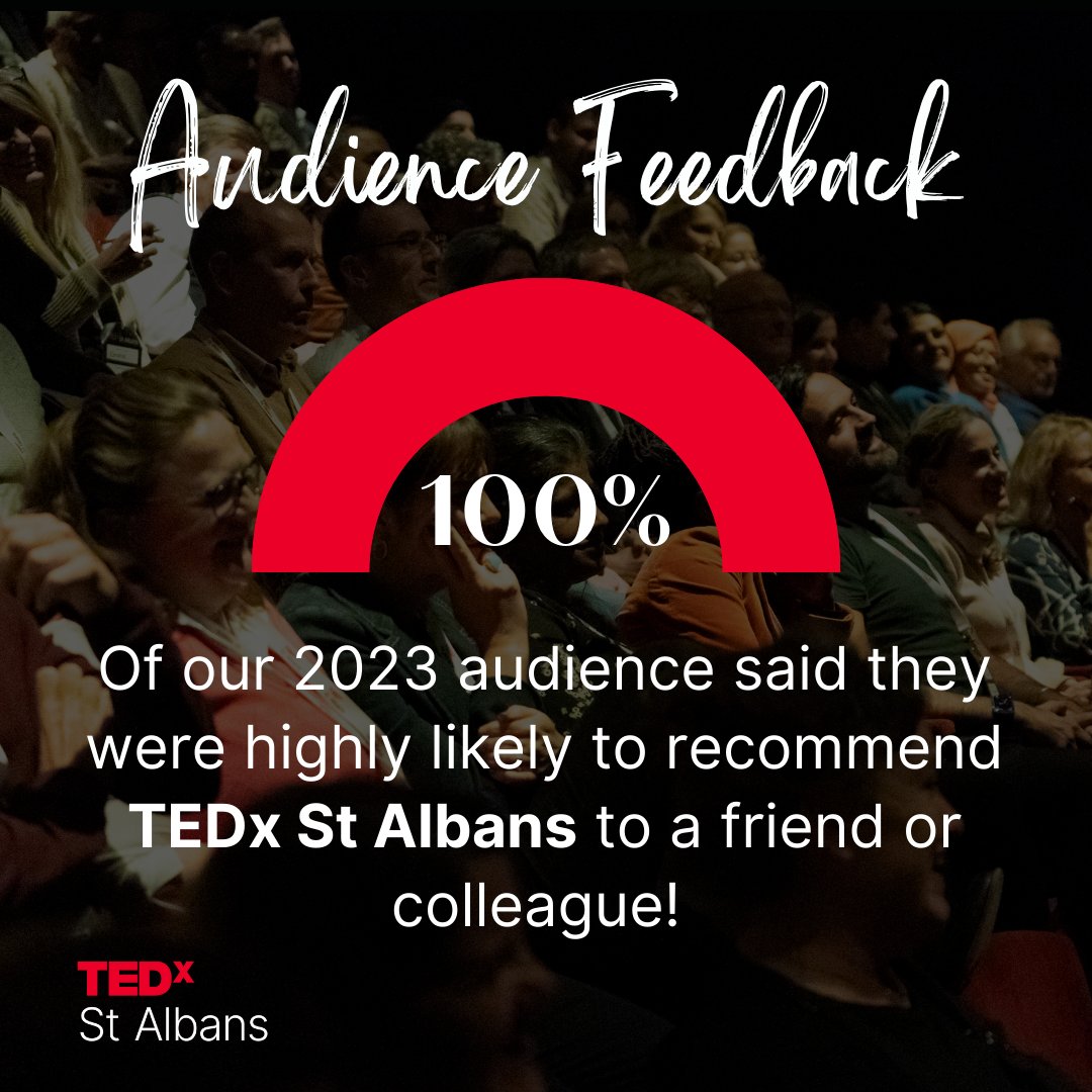 #TEDxStAlbans 2023 was an incredible day filled with big ideas and inspiration! 🌟 We are so pleased our audience members agreed! All audience responses to a post-event survey found that all of our 2023 audience would recommend TEDx St Albans to a friend or colleague. 💭💡