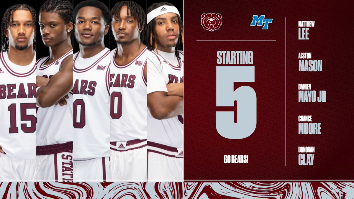 Mason and Mayo back in the starting five for #MSUBears tonight with Lee, Moore and Clay. Tip coming up at 6:32 from the Murphy Center in Murfreesboro, Tennessee
