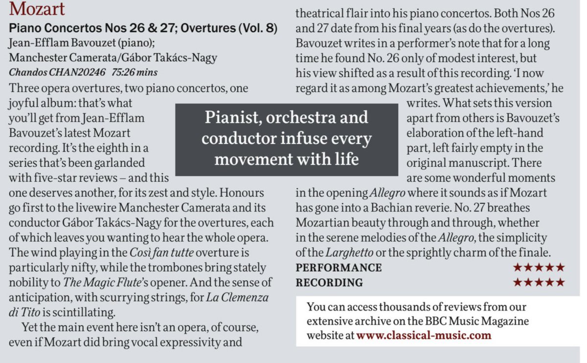 Bravo to Jean-Efflam, Gabor and my @MancCamerata colleagues for another ⭐️⭐️⭐️⭐️⭐️ star review in @MusicMagazine for our latest Mozart disc! ‘Pianist, orchestra and conductor infuse every movement with life.’