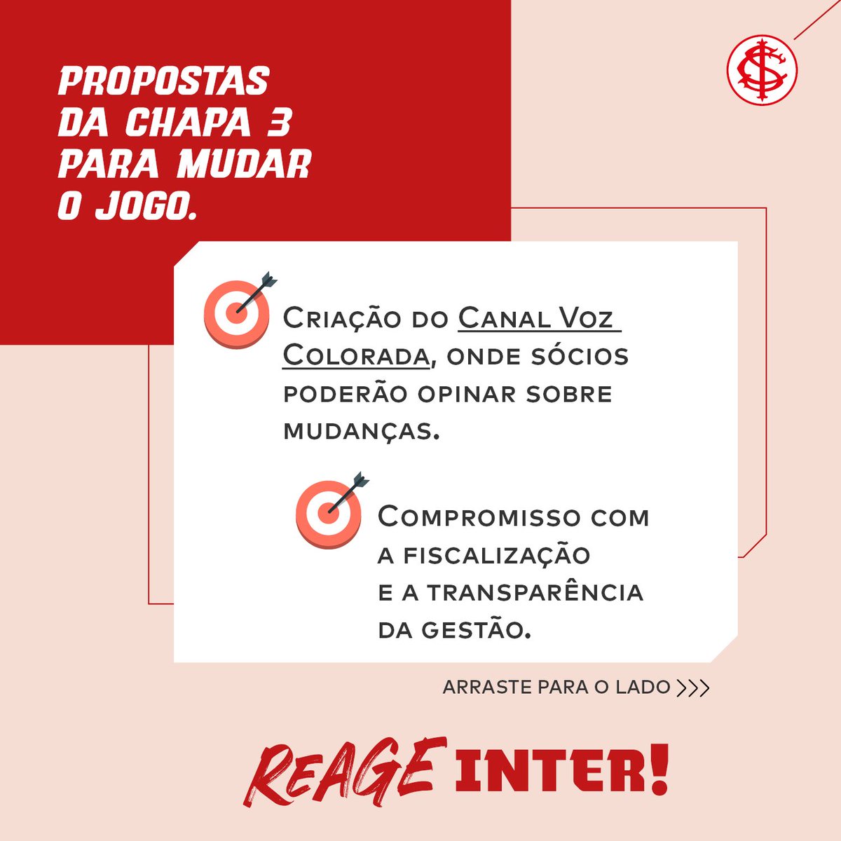 reageinter's tweet photo. Sócio(a) Colorado(a), o Inter precisa mudar e isso só será possível com a renovação do Conselho Deliberativo. 

A Chapa 03 está nessa disputa e conta com o seu voto para defender e viabilizar propostas que coloquem o Inter de volta ao caminho das vitórias. 

REAGE, INTER! 💪 https://t.co/D1lOdCXD3s
