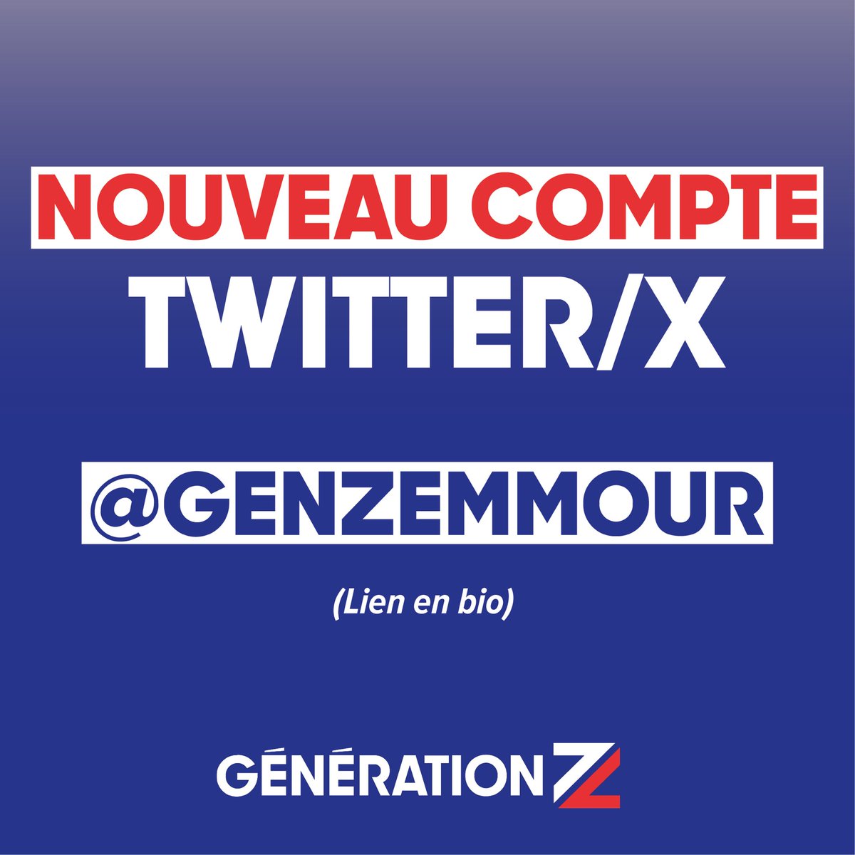 ⚠️ INFO IMPORTANTE ⚠️

Ceci est le nouveau compte Twitter/X de Génération Zemmour !

Abonnez-vous massivement et dites nous en réponse à ce tweet quand c’est fait !

#AvecMarion
