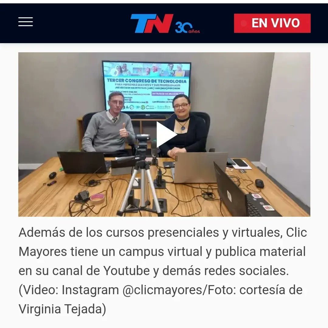 ClicMayores's tweet photo. ♾️ Compartimos nuestro agradecimiento a la Sra. Periodista @AxaPv  Axa Pacheco y a #TN @todonoticias  📰🗞️  por la publicacion de la Nota de Prensa sobre 👵🏻 el Programa #ClicMayores
https://t.co/fBWvmZxF07  Compartelo ✅️❤️
#personasmayores #virginiatejada #juanmanuelzuppelli https://t.co/KEOeWRedl5