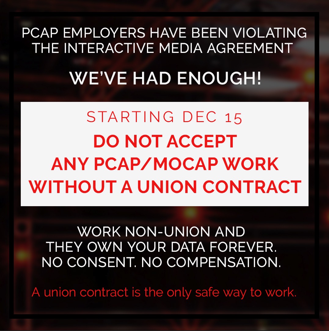 To all my mocap and pcap siblings: get yourselves the union coverage you deserve. They claim you aren't a performer. That you're 'just data.' Don't accept that lie. Don't work yourself out of a job. #SAGAFTRAstrong #PerformanceMatters