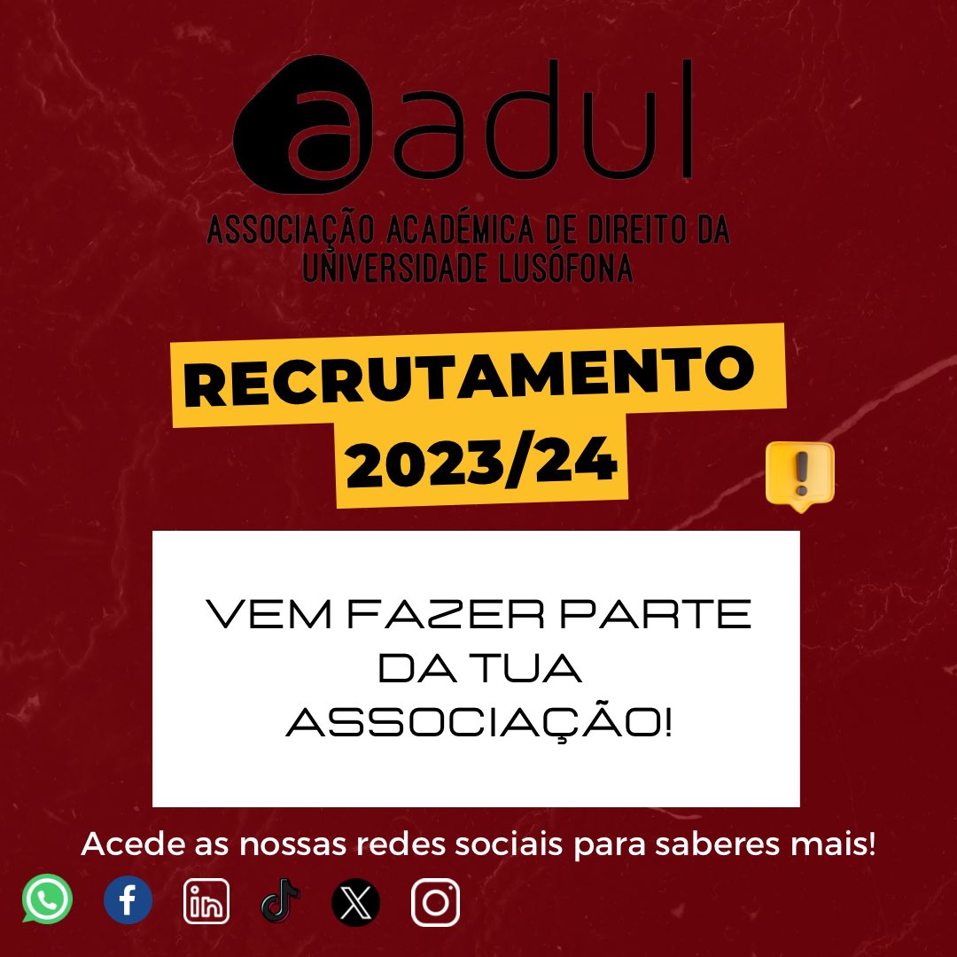 Saudações académicas,  

É com grande entusiasmo que abrimos a AADUL à comunidade académica.   

Podes fazer parte da associação, basta preencheres o formulário que estará disponível no nosso LinkTree, que está na bio do nosso Instagram.