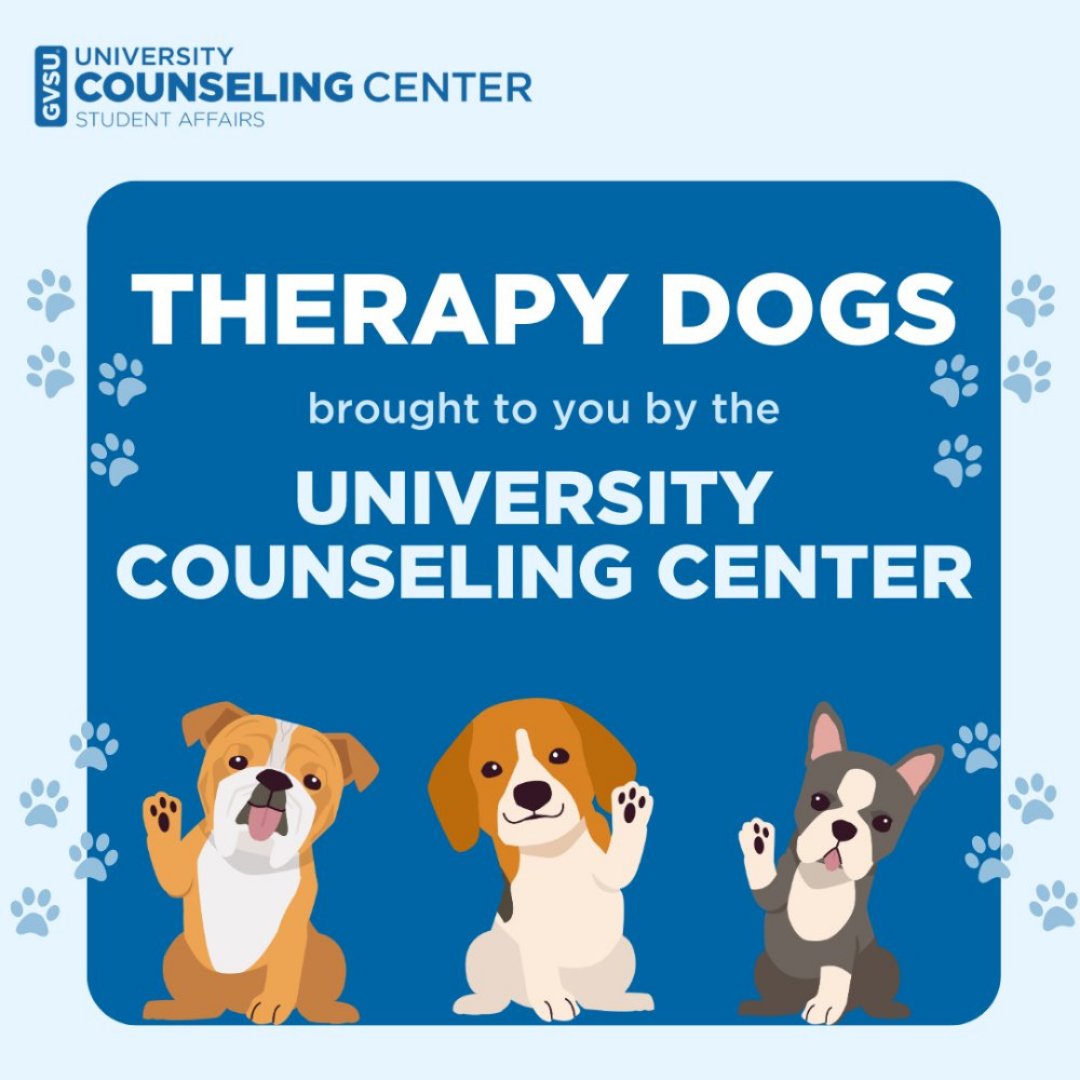 gvsucomputing's tweet image. Tomorrow, from 6-8 pm, therapy dogs will be in the Allendale campus library! If you&apos;re feeling overwhelmed by finals, therapy dogs can help relieve stress and provide comfort 💙🐶 #gvsu #pcec