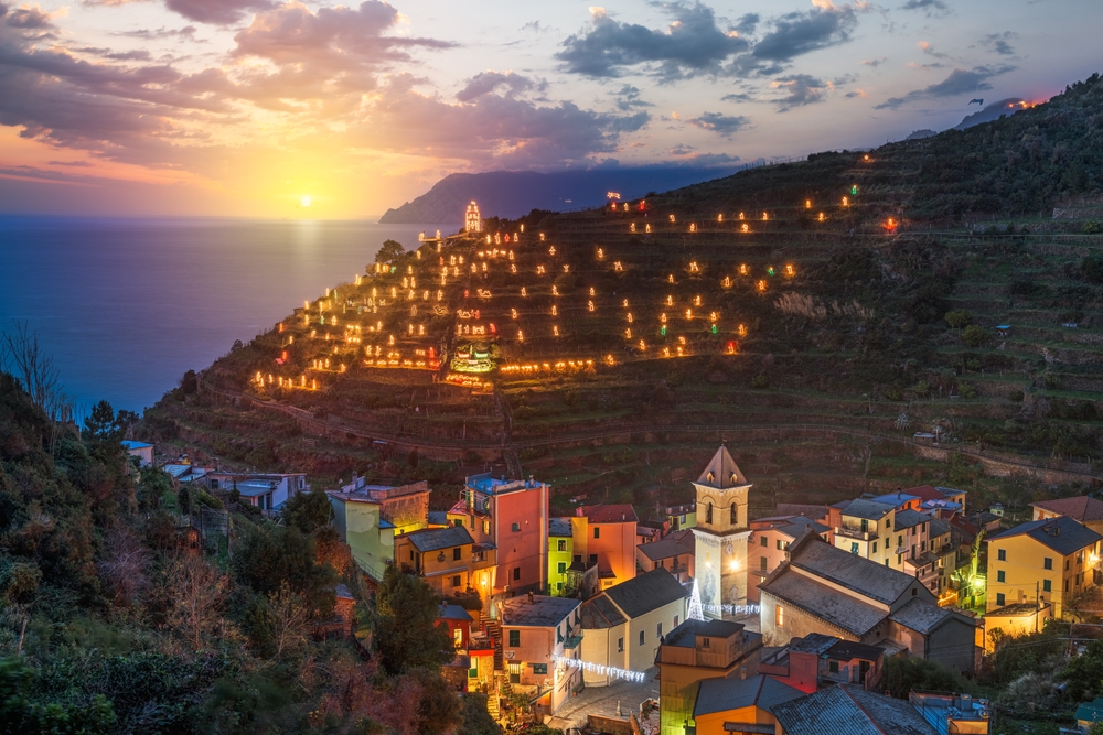 Festive lights in #Manarola in the Cinque Terre region of Italy