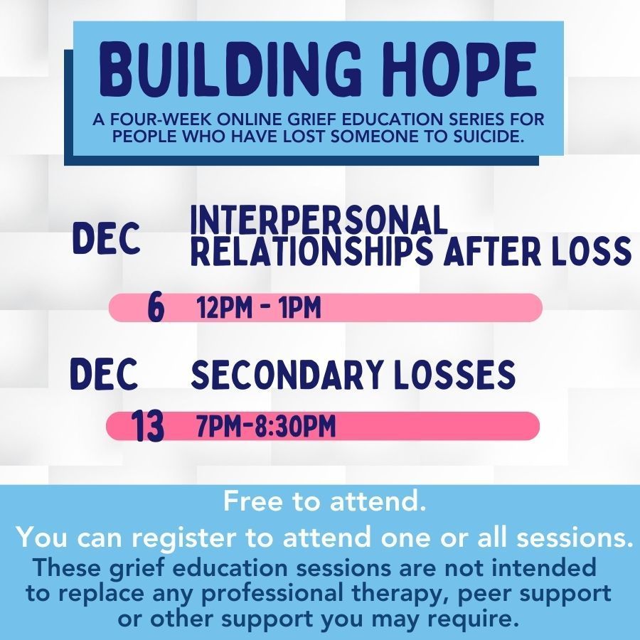 Only two sessions remain in our Building Hope series! Building Hope is a program dedicated to providing educational sessions for those mourning the loss of someone to suicide. You can register here: buff.ly/3GrbHKS