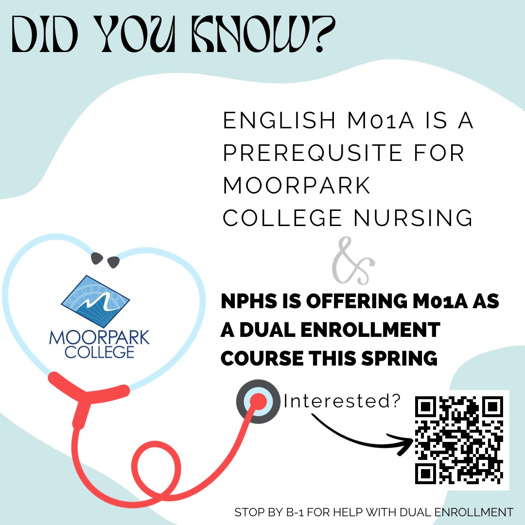 NPHS has an online section of ENGL M01A this Spring at Moorpark College! Seats are still available. Stop by B-1 to enroll.