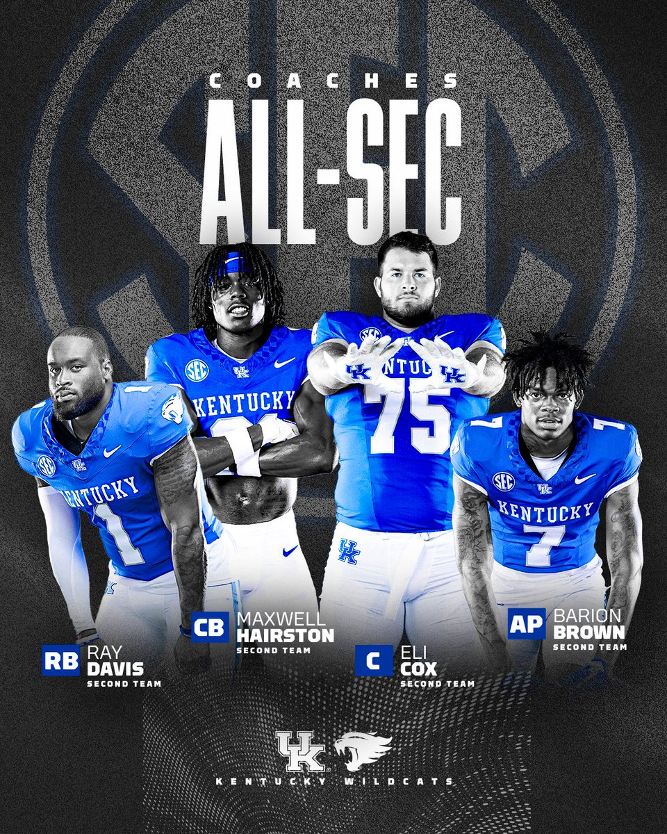 Kentucky Football (@ukfootball) on Twitter photo Coaches All-<a href="/SEC/">Southeastern Conference</a> Selections.
<a href="/Ray_Davis07/">Re'Mahn Davis</a> <a href="/MHairston22/">MadMax ¹ᵏ</a> <a href="/elicox59/">Eli Cox</a> <a href="/BarionBrown/">B7🦈</a>
📰🔗ukathletics.com/news/2023/12/0… Coaches All-<a href="/SEC/">Southeastern Conference</a> Selections.
<a href="/Ray_Davis07/">Re'Mahn Davis</a> <a href="/MHairston22/">MadMax ¹ᵏ</a> <a href="/elicox59/">Eli Cox</a> <a href="/BarionBrown/">B7🦈</a>
📰🔗ukathletics.com/news/2023/12/0…