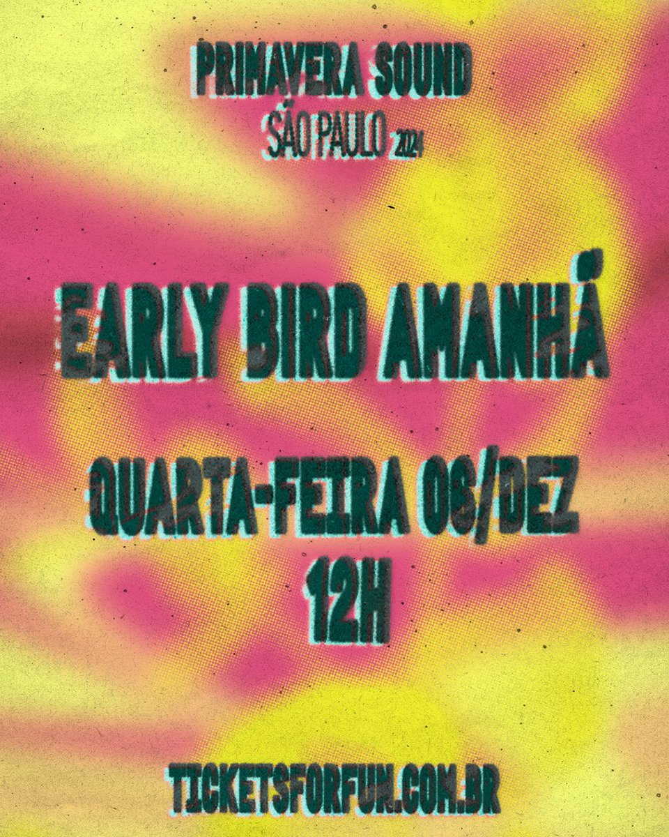 EARLY BIRD #PrimaveraSoundSaoPaulo 2024! 💐 Amanhã (06/12), às 12h, você poderá garantir a sua presença na nossa terceira edição, dias 30/11 e 01/12 no Autódromo de Interlagos. 🎫 Vendas pelo site da Tickets For Fun (com taxa) e na bilheteria do Teatro Renault (sem taxa).