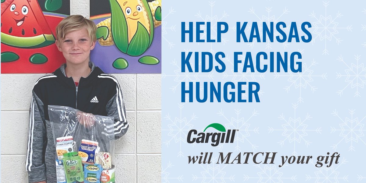 DOUBLE your holiday Impact for #Kansas kids facing hunger! Thanks to <a href="/Cargill/">Cargill</a> every gift to the Kansas Food Bank’s #Food4Kids program will stretch to share healthy food for children. 

secure.qgiv.com/for/kfb/event/…