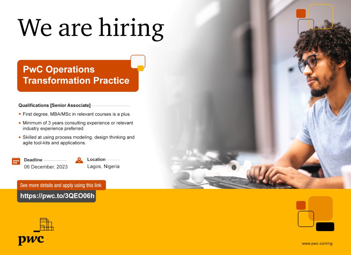 MAbdulkabyr's tweet image. We&apos;re #hiring!

Join our Operations Transformation team and drive business transformation through technology.

Apply now and be part of creating impact in the world of business. ow.ly/hF0V50Qfy1U

#PwC #OperationsTransformation #ConsultingCareers