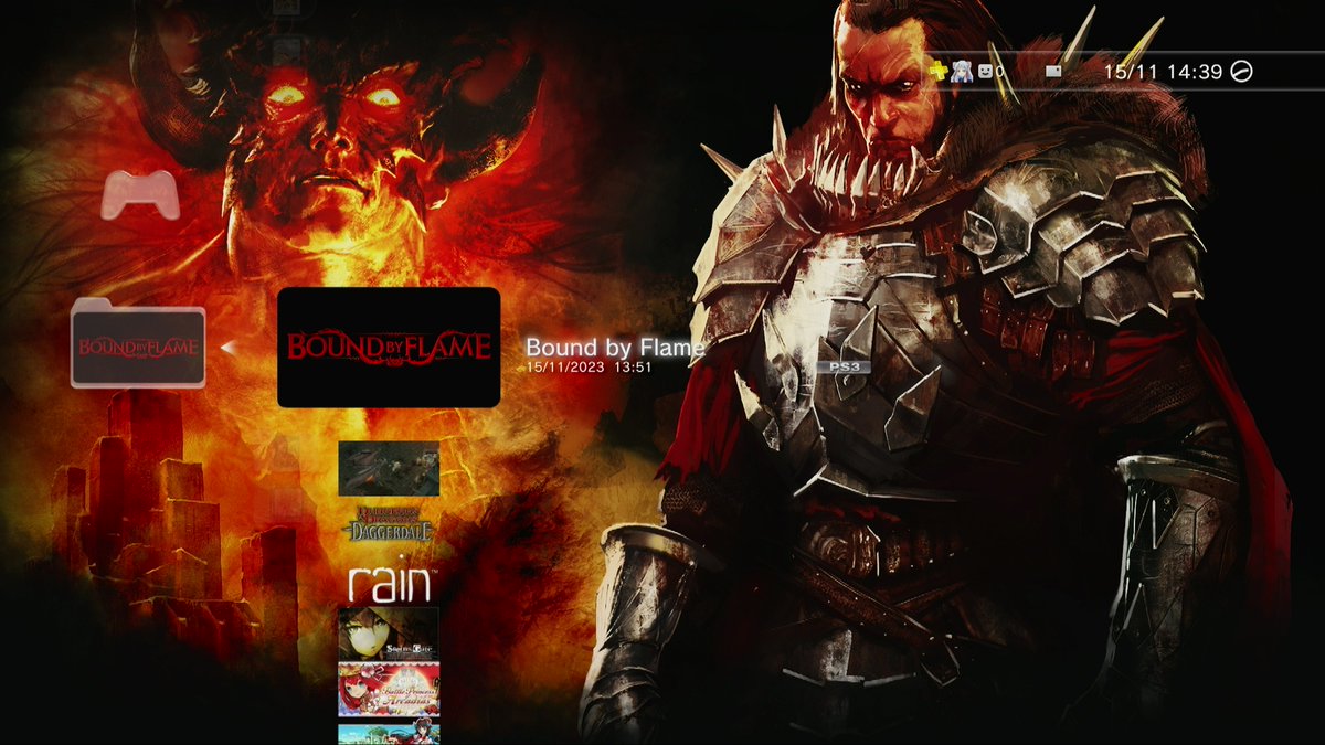 #PS3 Game Home Screens
DAY 173
BOUND BY FLAME
An action RPG (demonic possession!) developed by <a href="/spidersgames/">Spiders</a> and published across two console gens by Focus Home Ent (PS3/4, X360 &amp; PC) in 2014.
The <a href="/ZTGD/">Ken McKown</a> reviewer called it "a great, terrible game".
Meta: 53-56 (none for PS3)