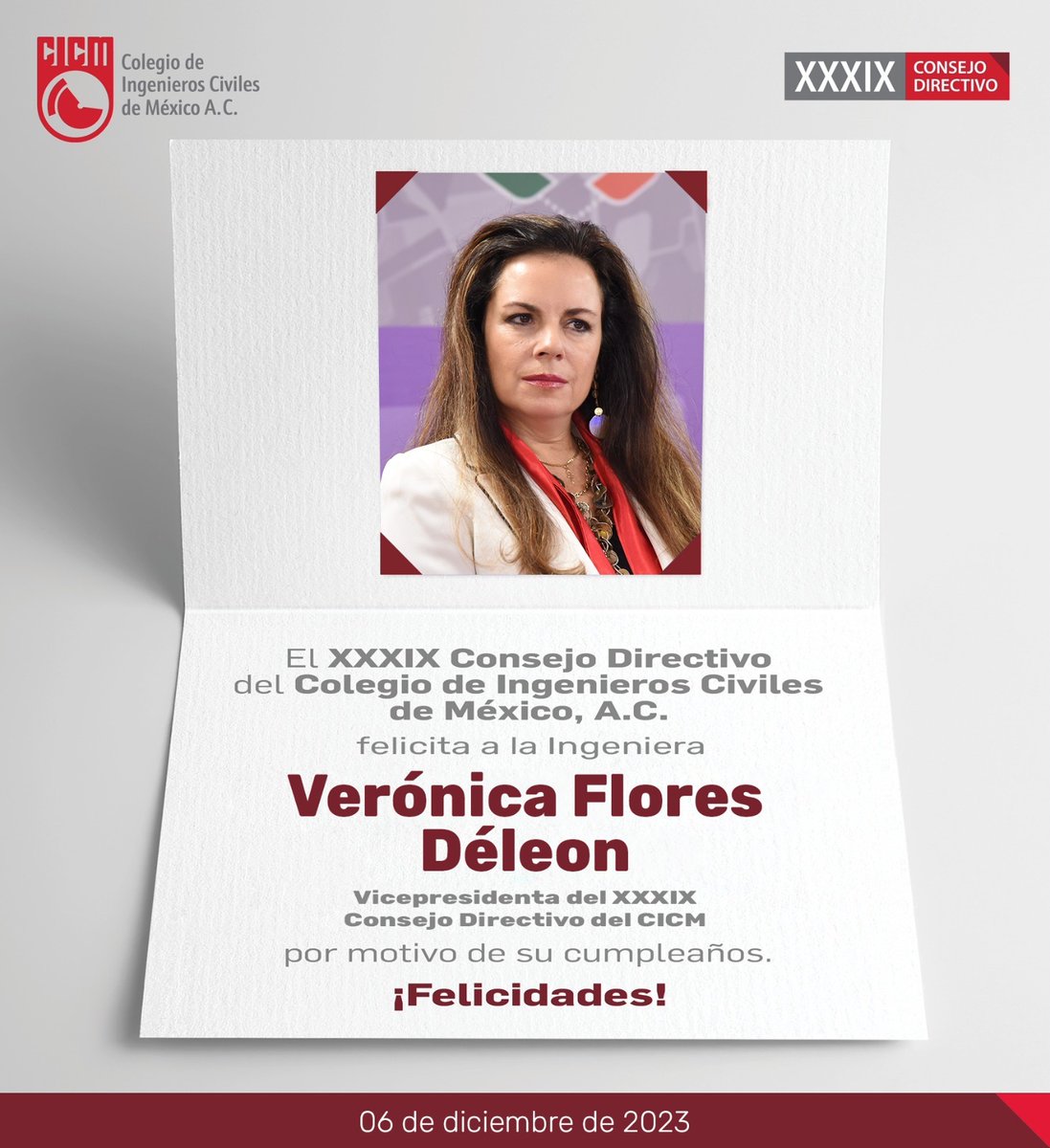 El XXXIX Consejo Directivo del Colegio de Ingenieros Civiles de México felicita, por motivo de su cumpleaños, a la Ing. Verónica Flores Déleon, Vicepresidenta del XXXIX Consejo Directivo del CICM.
¡Felicidades!