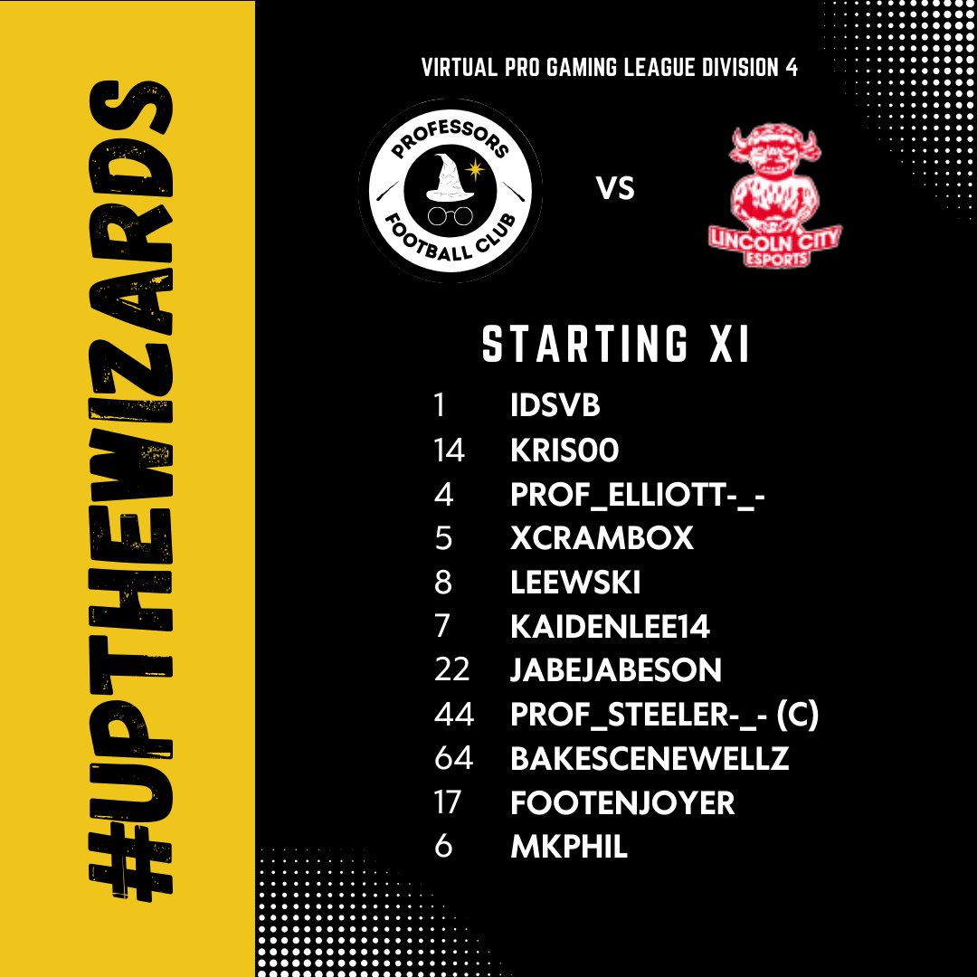 Professors FC (@professorsfc) on Twitter photo Our starting lineup for our <a href="/OfficialVPG/">Virtual Pro Gaming</a> Europe Division 4 League Matches tonight!
#upthewizards 🟡⚪️ Our starting lineup for our <a href="/OfficialVPG/">Virtual Pro Gaming</a> Europe Division 4 League Matches tonight!
#upthewizards 🟡⚪️