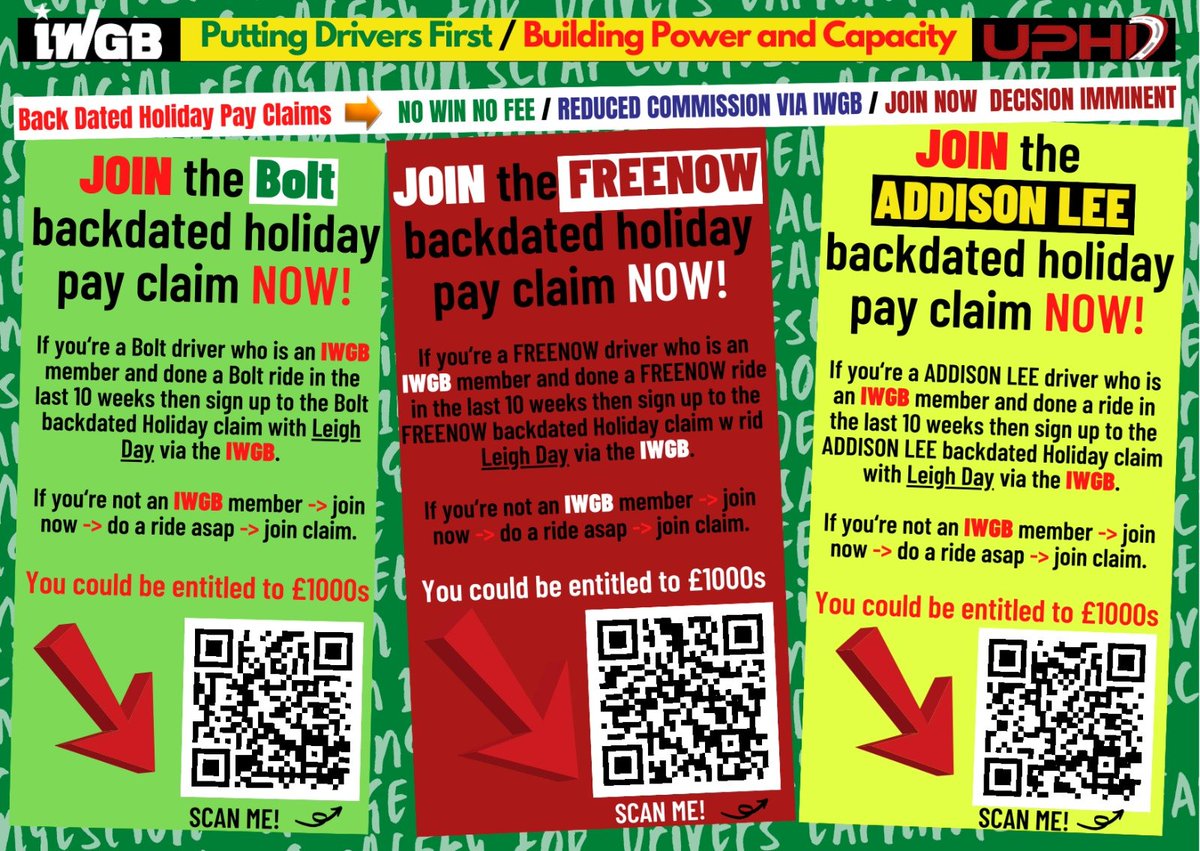 FREENOW backdated holiday pay claim launched TODAY. iwgb.org.uk/en/page/freeno… ▪️ If you haven't driven in the last 10 weeks, just do a ride now then sign up. ▪️ Join the IWGB/UPHD to access the No Win No Fee option and only pay 24% commission instead of 30%: uphdorguk.wordpress.com