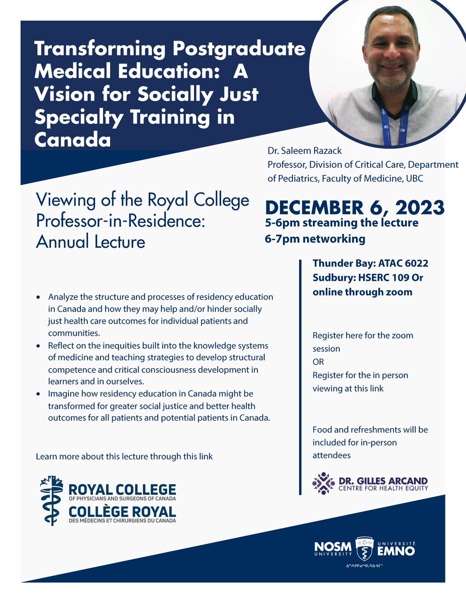 The Arcand Centre is also pleased to host a viewing party for "Transforming Postgraduate Medical Education: A Vision for Socially Just Specialty Training in Canada" a lecture by Dr. Saleem Razack, with details on the attached image!